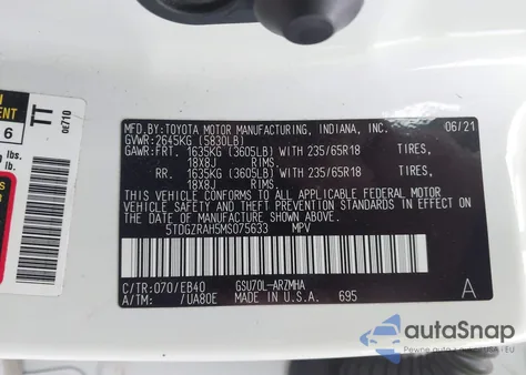 2021 Toyota Highlander Xle из США, поврежденный, VIN 5TDGZRAH5MS075633